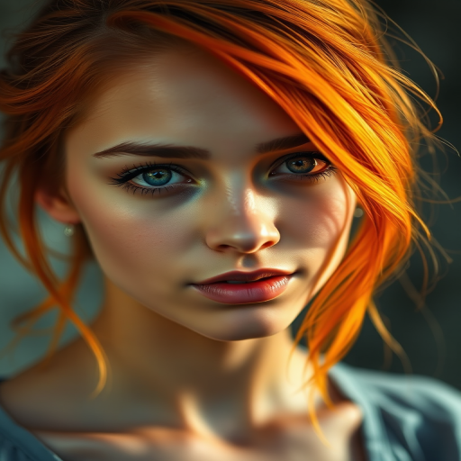 portrait of a young woman with vibrant orange hair and soft features, expression of serenity, painted in an impressionistic style, natural light, shallow depth of field, close-up view, DSLR camera, 50mm lens, f/1.8, ISO 100, 1/200s