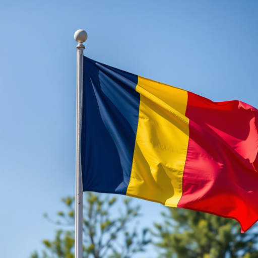 Generate an image of the flag of Romania with vibrant colors, using a DSLR camera, 50mm lens, f/2.8 aperture, ISO 100, and natural lighting for enhanced quality.