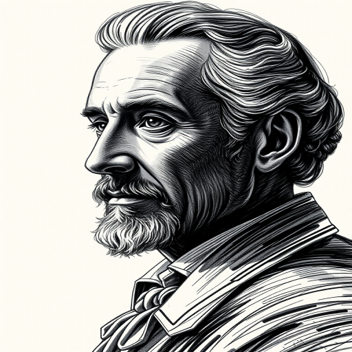 Create a high-resolution artistic illustration of a historical figure with a textured sketch effect, captured in portrait orientation using a DSLR camera, 85mm lens, aperture f/1.8, ISO 100, and a soft focus background to enhance depth and detail.