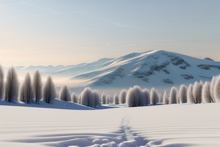 Tranquil Winter Landscape with Snow-Covered Mountains and Frosty Trees