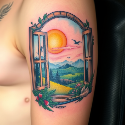 Photorealistic color tattoo titled "Nature's Canvas" depicting a lifelike landscape scene with meticulous attention to detail in natural colors creating the illusion of a window on the skin