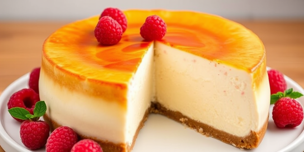 Create an image of a creamy cheesecake with a golden brown caramelized top and a slice taken out to reveal its smooth texture inside. Garnish the cheesecake with fresh raspberries on top and around the base. The background should be simple and neutral to highlight the dessert.