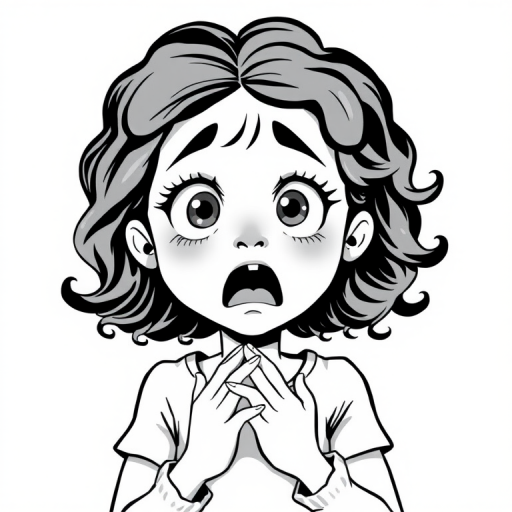 The image is a black and white illustration of a young girl with curly hair. She has a surprised expression on her face with her mouth open and her hands clasped together in front of her chest. Her eyes are wide and her eyebrows are furrowed. Her hair is styled in loose curls that are cascading down her back. The overall mood of the image is one of shock or surprise.