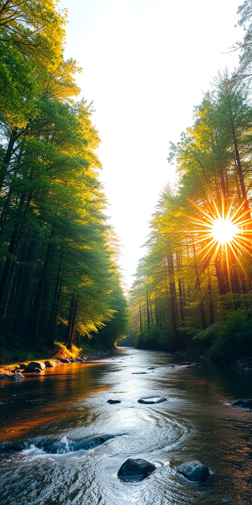 Create an image of a serene, sunlit forest scene with a clear, gently flowing river. Tall trees with lush green foliage line both sides of the river, their leaves bathed in the warm golden light of the setting or rising sun. The sunlight filters through the trees, casting soft, dappled light on the river, which flows over smooth rocks and pebbles, creating a peaceful, natural atmosphere. The sky is bright with a few scattered clouds, and the overall mood is tranquil, evoking a deep sense of connection with nature. The image captures the beauty of a calm, pristine forest landscape at either dawn or dusk.