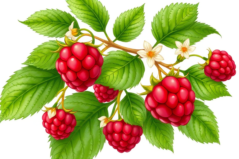 create a detailed illustration of a raspberry plant with vibrant red raspberries, lush green leaves, and delicate white flowers, all on a simple white background.