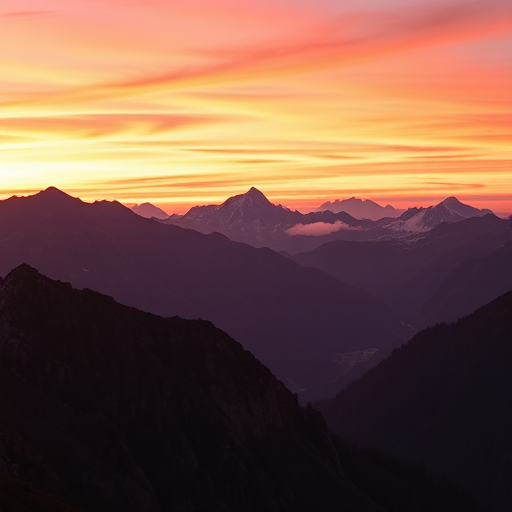 Create a high-resolution digital image of a mountain range at sunset with vibrant orange and purple skies, using a DSLR camera with a 24mm lens, aperture set to f/8 for depth of field, ISO 100 to minimize noise, capturing a wide-angle view in landscape orientation for enhanced detail and clarity.