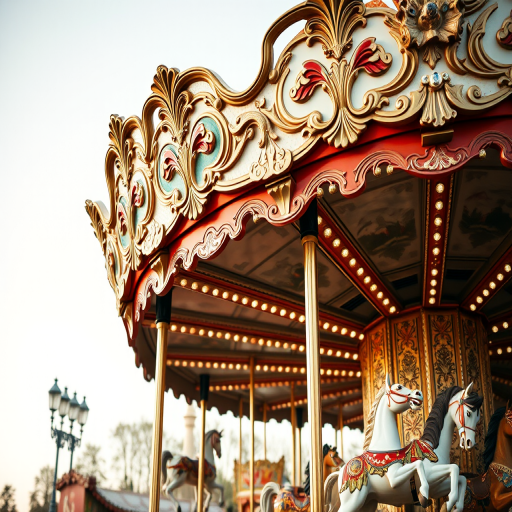 Regenerate an image of a vintage carousel with ornate decorations and colorful horses, captured in soft natural light, using a DSLR camera with a 50mm lens, aperture set to f/1.8, ISO 200, and a slight tilt-up perspective to emphasize the canopy and lights.
