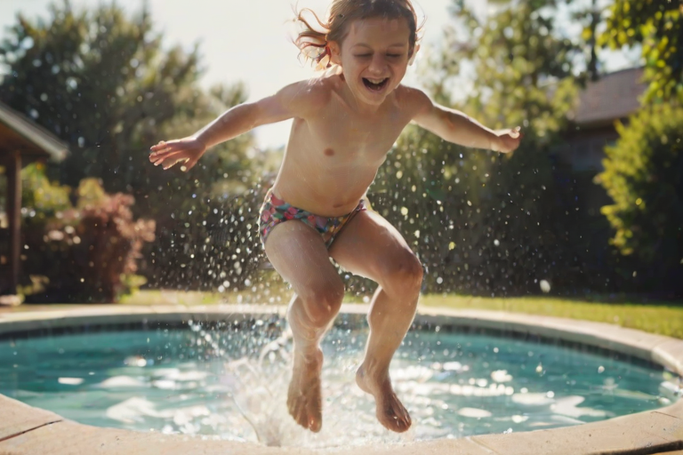 Blurry candid shot of a child jumping into a pool on a summer day, water splashing in all directions, with soft sunlight reflecting off the water and distant laughter in the background.