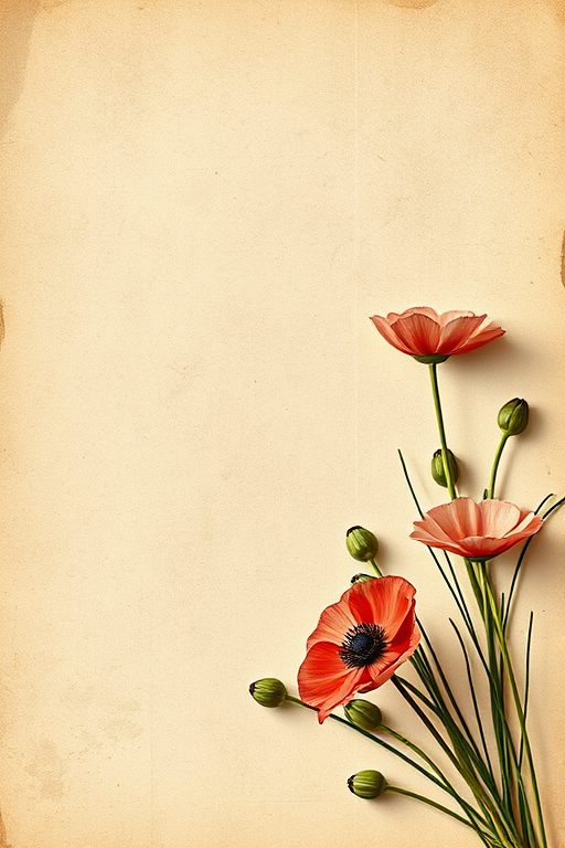 Create a vintage floral design on textured sepia paper featuring a bouquet of anemones and poppies in the bottom right corner, shot with a Canon EOS 5D Mark IV at f/2.8, ISO 100, 50mm lens, using natural light to enhance colors and details.