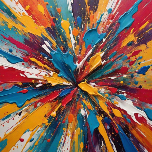 Create an image that features a vibrant, abstract painting with various patterns and color splashes. The painting should be the main focus of the image.