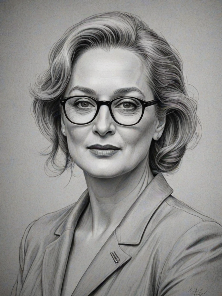 Superb Meryl Streep, pencil sketch, portrait of Magnificent woman 1926s in glasses, hair style beatnik, outline, clear lines, fine lines, 8k