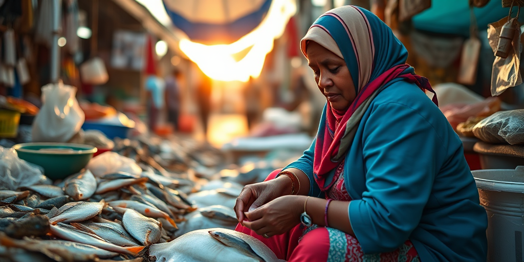 Capture a close-up of a woman sitting on the ground in a bustling seafood market, dressed in bright colored clothing and wearing a headscarf, with a focus on her hands working with seafood, using a Canon EOS R5 with a 50mm f/1.2 lens, aperture set to f/2.8 for shallow depth of field, with natural light during golden hour, ensuring vibrant color and texture detail in the scene.