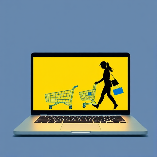 Create a digital illustration of a laptop with a vibrant yellow screen displaying two silhouettes, a man and a woman, pushing blue shopping carts, using a Canon EOS R5 camera, 50mm lens, f/1.8 aperture, 1/125s shutter speed, and ISO 100, with a focus on high contrast and sharp details in a minimalistic setting.