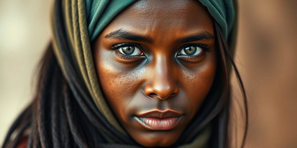 Create a portrait of a young Aboriginal Australian woman with long, dark hair and captivating hazel eyes. She is wearing a green headscarf and a matching scarf draped gracefully around her neck. The background is softly blurred, focusing attention on her serene and natural expression. The overall color palette is muted and warm, enhancing the intimate and authentic feel of the portrait.
