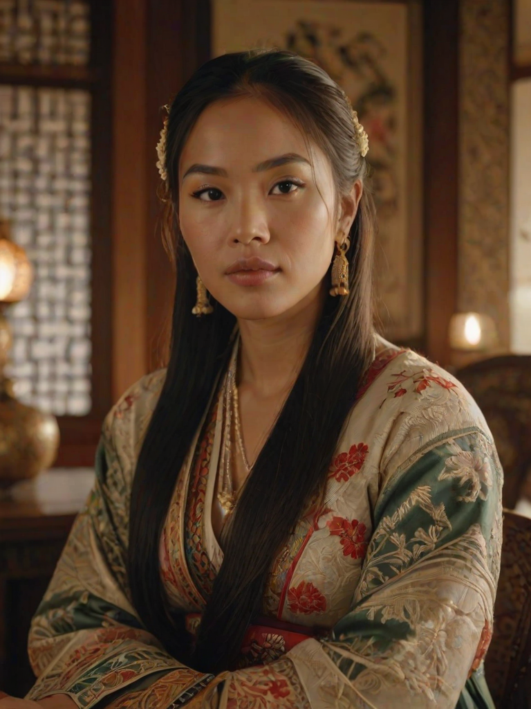 A beautiful Pacific Islander woman in traditional East Asian attire, intricately detailed with embroidered patterns, sitting gracefully in a richly decorated room, soft ambient lighting, serene and elegant, ultra-realistic, 8K resolution