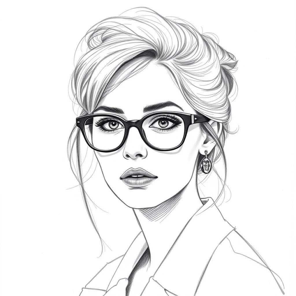 Beautiful Rooney Mara, pencil sketch, portrait of beautiful woman 60s in glasses, hair style beatnik, outline, clear lines, fine lines, 8k