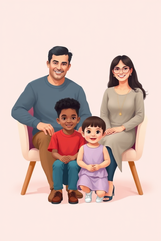 Create a digital illustration of a diverse family portrait featuring four family members: two adults sitting on chairs, one adult and one child kneeling in front, with a soft pastel background, using a Canon EOS R5 with 50mm lens, aperture f/1.8, ISO 100, natural light for a warm and inviting feel.