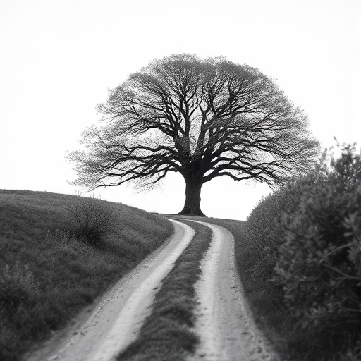 Capture a high-resolution black and white image of a large tree at the end of a winding dirt path, using a DSLR camera with a 50mm lens, aperture set to f/8 for depth of field, ISO at 200 for clarity, and a slight vignette effect for emphasis on the tree.