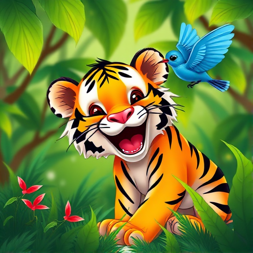 Generate a colorful and playful cartoon image of a baby tiger joyfully interacting with a bluebird in a lush, green jungle, using a Canon EOS R5 camera with a 24mm f/1.4 lens at ISO 100, f/4 aperture, and a wide-angle view to enhance the image quality and vividness.