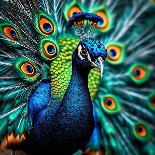 Create a vibrant illustration of a peacock with an intricate feather pattern, use a soft-focus lens with a shallow depth of field, set the aperture to f/2.8, shoot from a low angle, use a full-frame DSLR camera, and enhance colors in post-processing for a vivid finish.