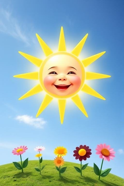 Create an image shows a bright, sun with a smiling baby's face in the center, radiating soft yellow rays. The sun is set against a clear blue sky with a few wispy clouds. Below, there's a lush green grassy hill with colorful, oversized flowers, giving the scene a whimsical, playful atmosphere.