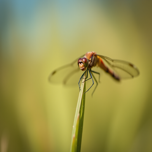 close-up shot of a dragonfly resting on a blade of grass, soft focus background, shallow depth of field, aperture f/2.8, ISO 100, shutter speed 1/200, macro lens, natural light, DSLR camera