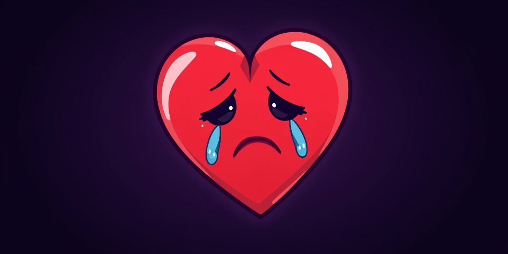create a vibrant digital illustration of a sad cartoon heart with tears, set against a dark background, using a high-resolution camera, aperture f/2.8, 50mm lens, with a soft focus effect and vivid colors to enhance contrast and depth
