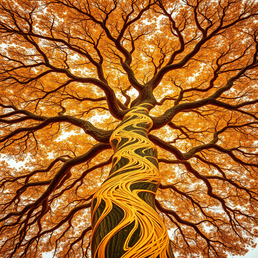 Create an intricate fractal design of a golden tree with swirling patterns and textures, captured with a Canon EOS R5, 50mm lens, f/2.8 aperture, ISO 100, and a low-angle view to emphasize depth and detail.