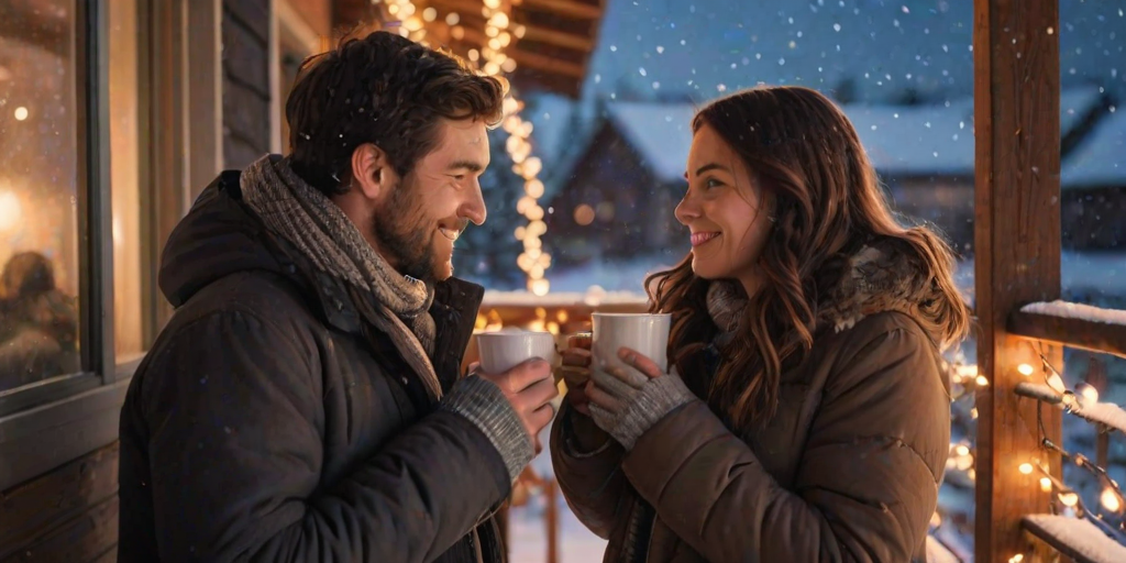 Warmly lit image of a couple sipping hot cocoa on a snowy balcony, soft glow from string lights above, snow gently falling in the background, the smell of pine and fresh snow filling the air, a peaceful, quiet moment shared.