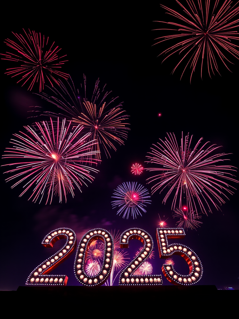 New Year fireworks display with vibrant colors illuminating the night sky, featuring large numbers "2025" in the foreground, captured using a DSLR camera at f/8, ISO 100, 15-second exposure, wide-angle lens, low angle view for dramatic effect.