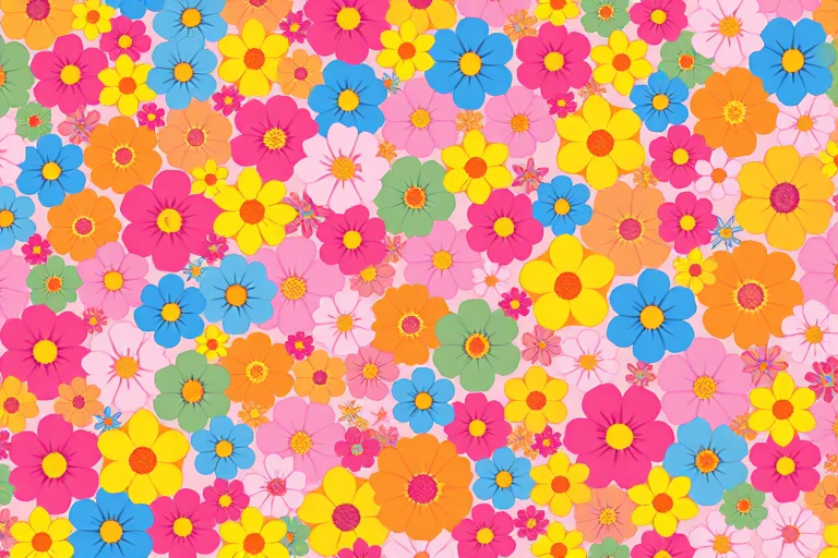 create a vibrant, colorful pattern filled with a variety of flowers in different shapes and sizes, covering the entire image with shades of pink, blue, yellow, orange, and green.