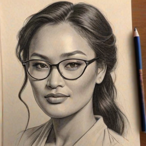 Resplendent Tia Carrere, pencil sketch, portrait of Pleasing woman 1923s in glasses, hair style beatnik, outline, clear lines, fine lines, 8k