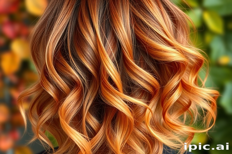 Radiant Autumn Harvest Waves showcasing a warm blend of rich auburn, golden honey, and deep mahogany tones, styled into loose, romantic curls reminiscent of falling leaves