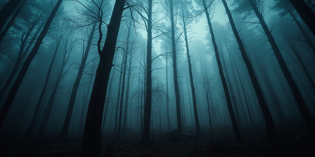 moody forest scene with fog, low angle view, soft focus, long exposure, f/8 aperture, ISO 100, 50mm lens, DSLR camera, twilight lighting, emphasize shadows and mist for atmosphere