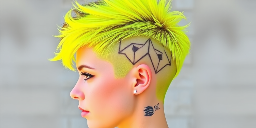 Fierce neon yellow pixie cut with shaved sides and intricate geometric patterns, embodying bold creativity, known as "Electric Canary"