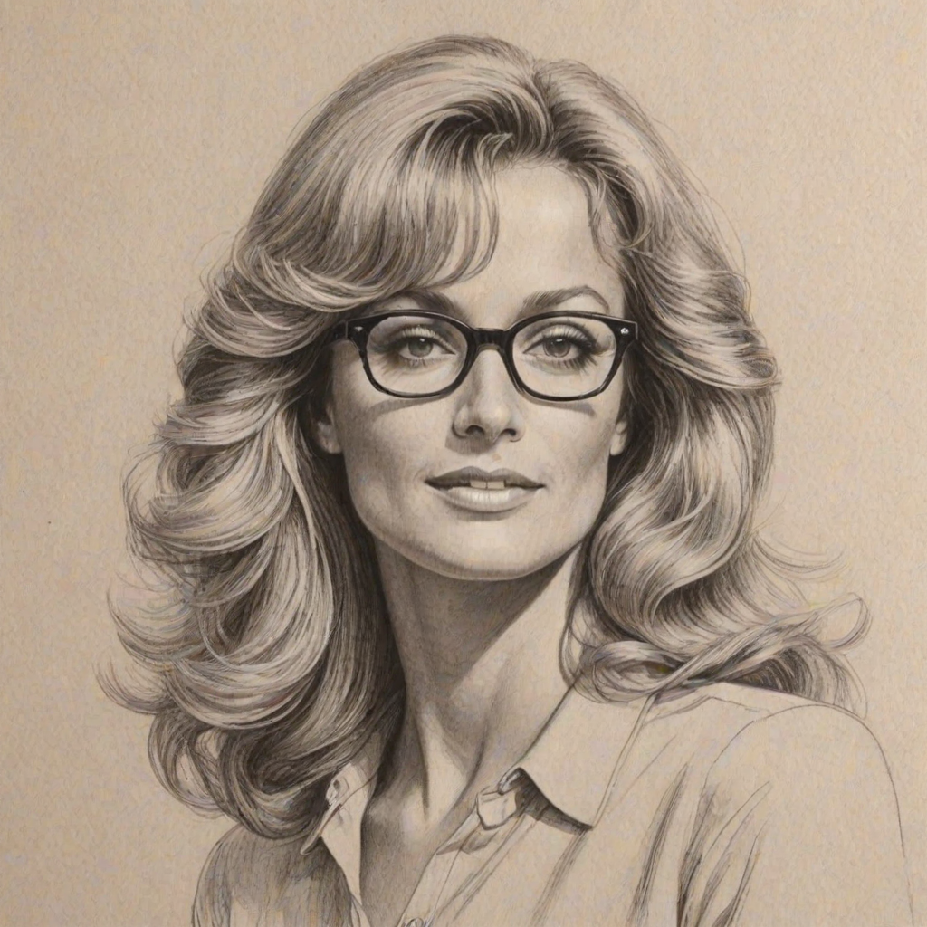 Radiant Farrah Fawcett, pencil sketch, portrait of Enchanting woman 1954s in glasses, hair style beatnik, outline, clear lines, fine lines, 8k