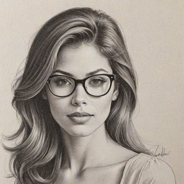 Lovely Eve Mendes, pencil sketch, portrait of Gorgeous woman 1977s in glasses, hair style beatnik, outline, clear lines, fine lines, 8k