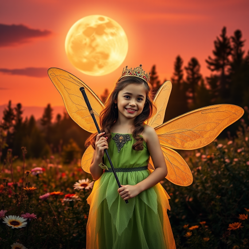 A vivid photo  taken under a bright camera flash of a fantastical scene set against a backdrop of a forest during sunset. The main subject is a girl dressed as a fairy, adorned with translucent wings and a green dress, holding a wand, her face is happy, and she wears a crown on her head. The forest behind her is a blend of flowers, shrubs and trees. The sky is painted in hues of orange and pink, with a large, glowing moon casting a warm glow over the scene. The overall color palette is dominated by earthy tones.