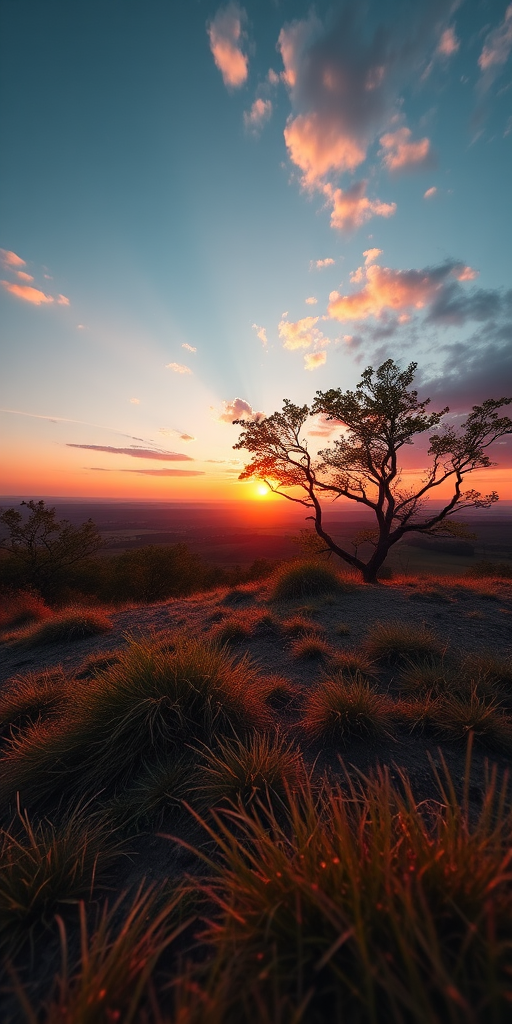 Generate a high-quality image of a serene landscape at sunrise, using a Canon EOS R5 with a 24-70mm lens, aperture f/8, ISO 100, shutter speed 1/250s, captured from a low angle, wide-angle view, in a vibrant color palette.