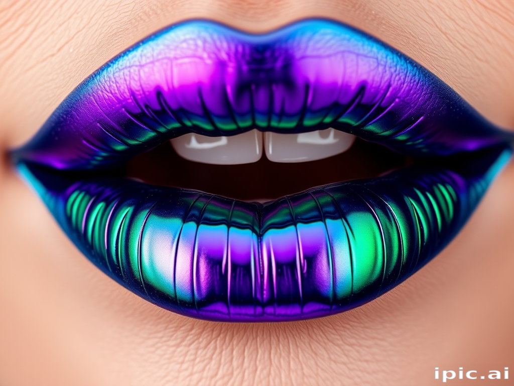 Duochrome lips shifting between emerald green and royal purple, mesmerizing and unique, showcasing an innovative approach to lip color
