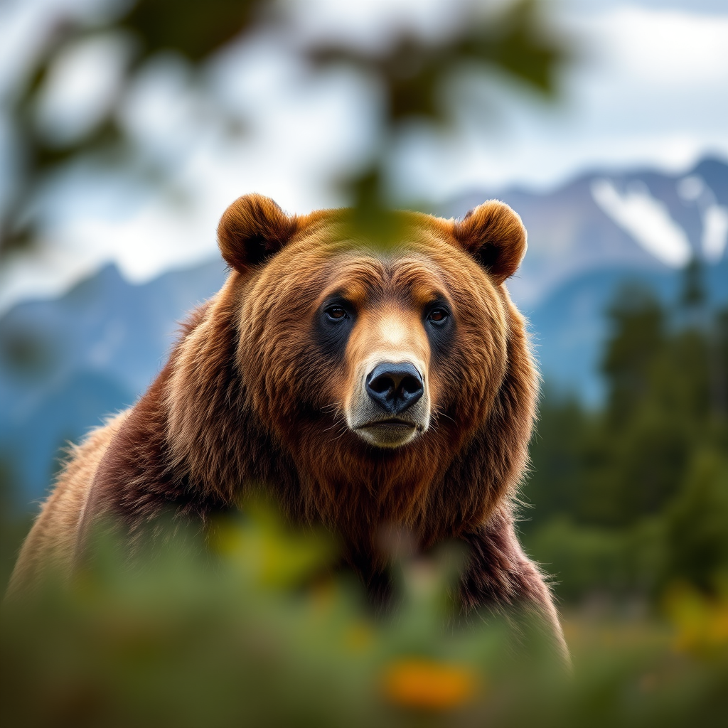 Create a high-resolution image of a realistic bear portrait with a blurred natural background featuring mountains and trees, shot with a Canon EOS R5 at 50mm, f/1.8, ISO 100, using a shallow depth of field for a soft bokeh effect.
