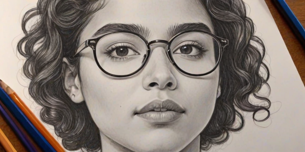 Resplendent Alessia Cara, pencil sketch, portrait of Sublime woman 1945s in glasses, hair style beatnik, outline, clear lines, fine lines, 8k