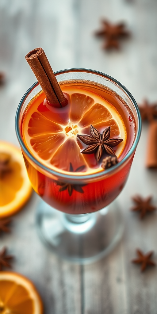Create an artistic rendition of a glass filled with a spiced beverage featuring an orange slice, star anise, and a cinnamon stick, captured from a top-down view using a DSLR camera with a 50mm lens, f/2.8 aperture, ISO 100, and a soft bokeh background to enhance the texture and colors of the drink.