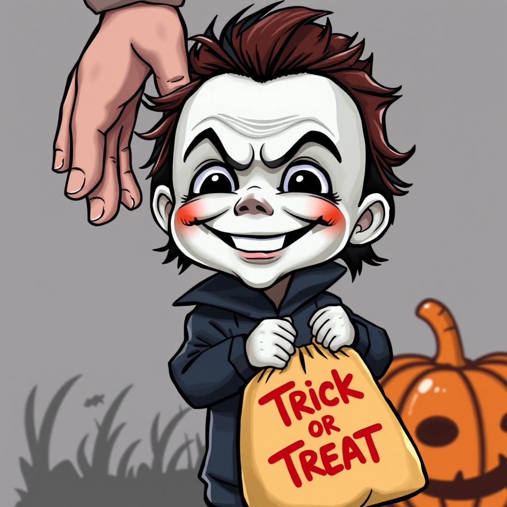 A whimsical caricature of a child version of Michael Myers, grinning mischievously. He is held by the hand of an unrecognizable person (only their hand visible), while holding a bag labeled 'Trick or Treat.' His facial expression is playful yet slightly menacing, reflecting his iconic figure. The scene is in portrait format with a Halloween theme, featuring exaggerated cartoon details like big eyes, a small body, and a creepy yet light-hearted tone.