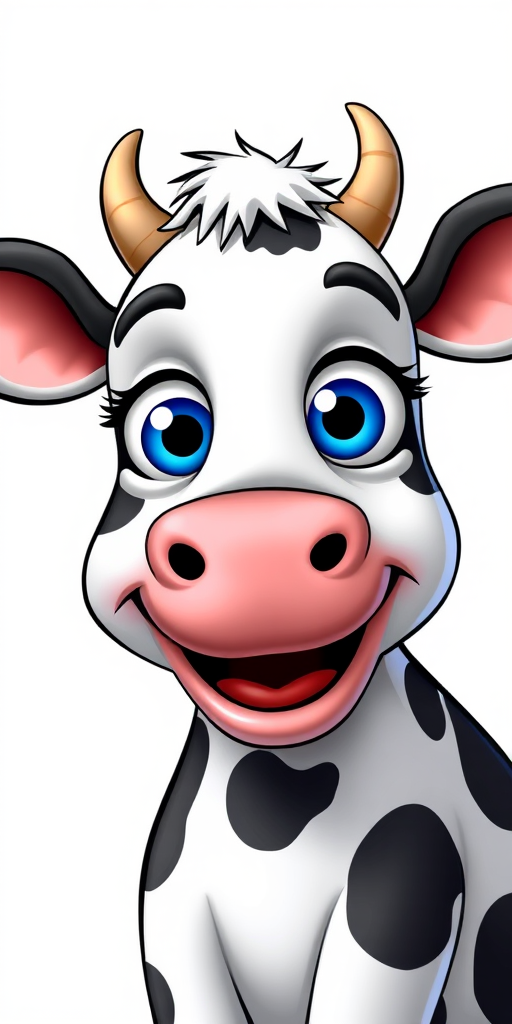 Draw a cartoon-style cow with large blue eyes, black and white spots, and a cheerful expression, using a DSLR camera at f/8 aperture, ISO 100, 50mm lens, and a 3-point lighting setup for enhanced vibrancy and depth.