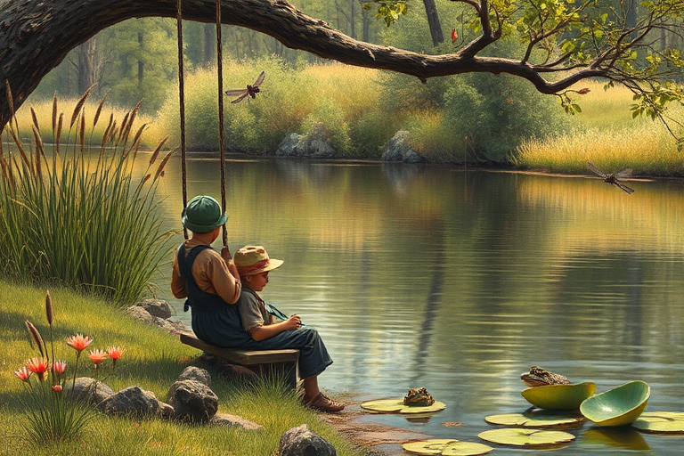 Imagine a small group of old fashioned young boys out fishing by the creek, a swing hanging from a tree branch, reeds and grasses by the water's edge, a frog sitting on a lily pad, dragonflies hovering over som water plans, a very iconic old fashioned scene reminiscent of a Norman Rockwell painting style
