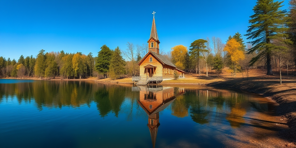 capture a serene wooden church by a calm lake surrounded by trees under a clear blue sky using a DSLR camera with a 24mm lens, aperture f/8, ISO 100, 1/200s shutter speed, wide-angle view for vibrant colors and sharp details