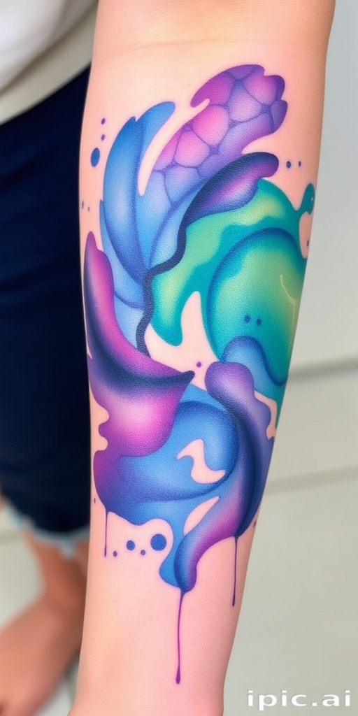 Vibrant watercolor splash tattoo named "Chromatic Cascade" featuring swirling hues of blue, purple, and green blending seamlessly into a geometric pattern on the forearm, evoking a sense of fluid motion and artistic expression