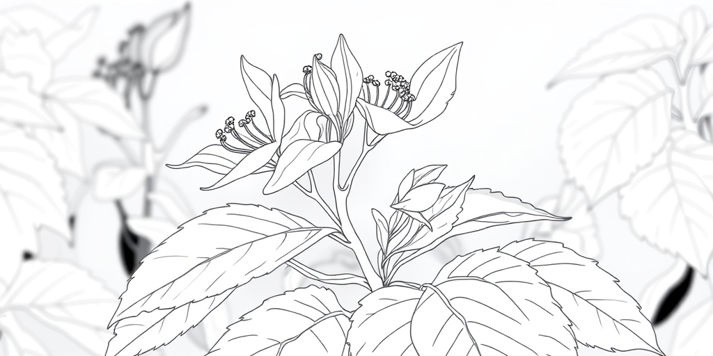 A detailed line drawing of a flowering plant with large leaves and blossoms, captured with a DSLR camera, 50mm lens, f/8 aperture, 1/125 shutter speed, natural lighting, and a shallow depth of field to enhance the subject clarity and sharpness.