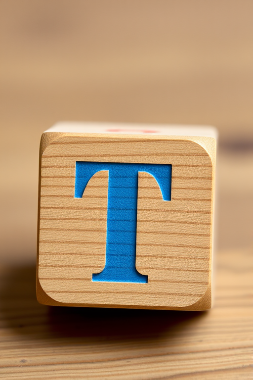 Create a wooden toy block with a blue letter T, using a DSLR camera with a 50mm lens, aperture f/2.8, shutter speed 1/200s, ISO 100, shoot from a slight overhead view, and apply a shallow depth of field for a soft background blur.
